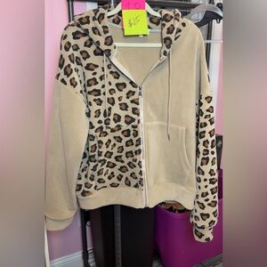 Plus Size Leopard Zip-Up Jacket with Hood